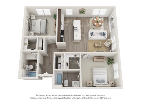 Floor plan for 2 beds, 2 baths, 1080 sqft